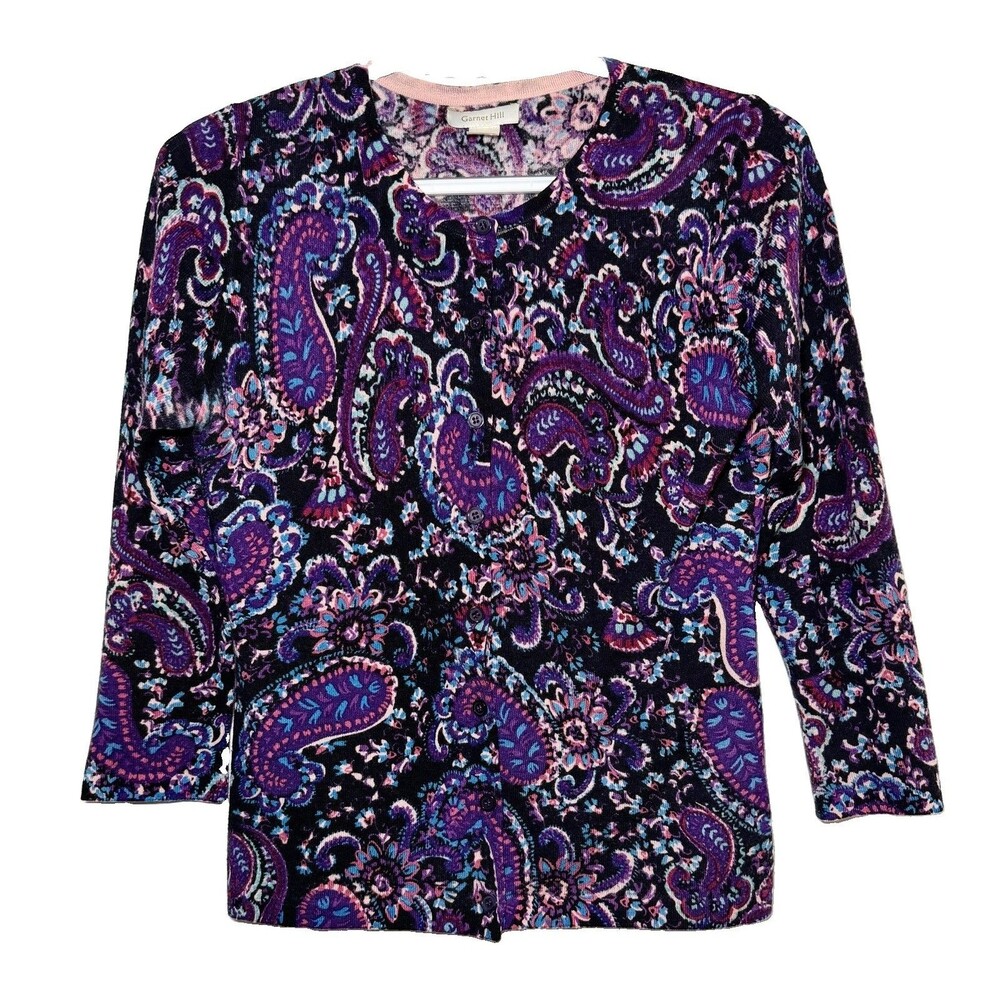Garnet Hill Merino Wool Paisley Cardigan Sweater Small Purple Blue Button Front